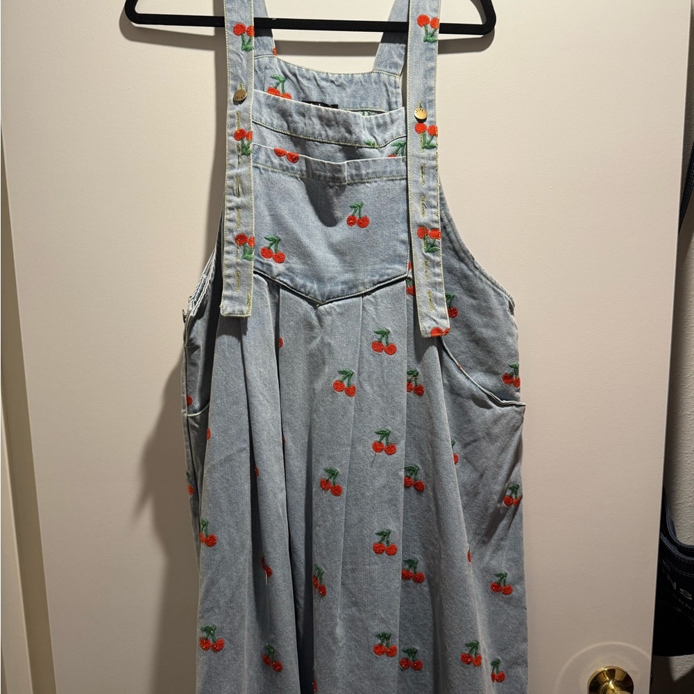 Dressed in LALA Cherry Print Denim Overall Dress